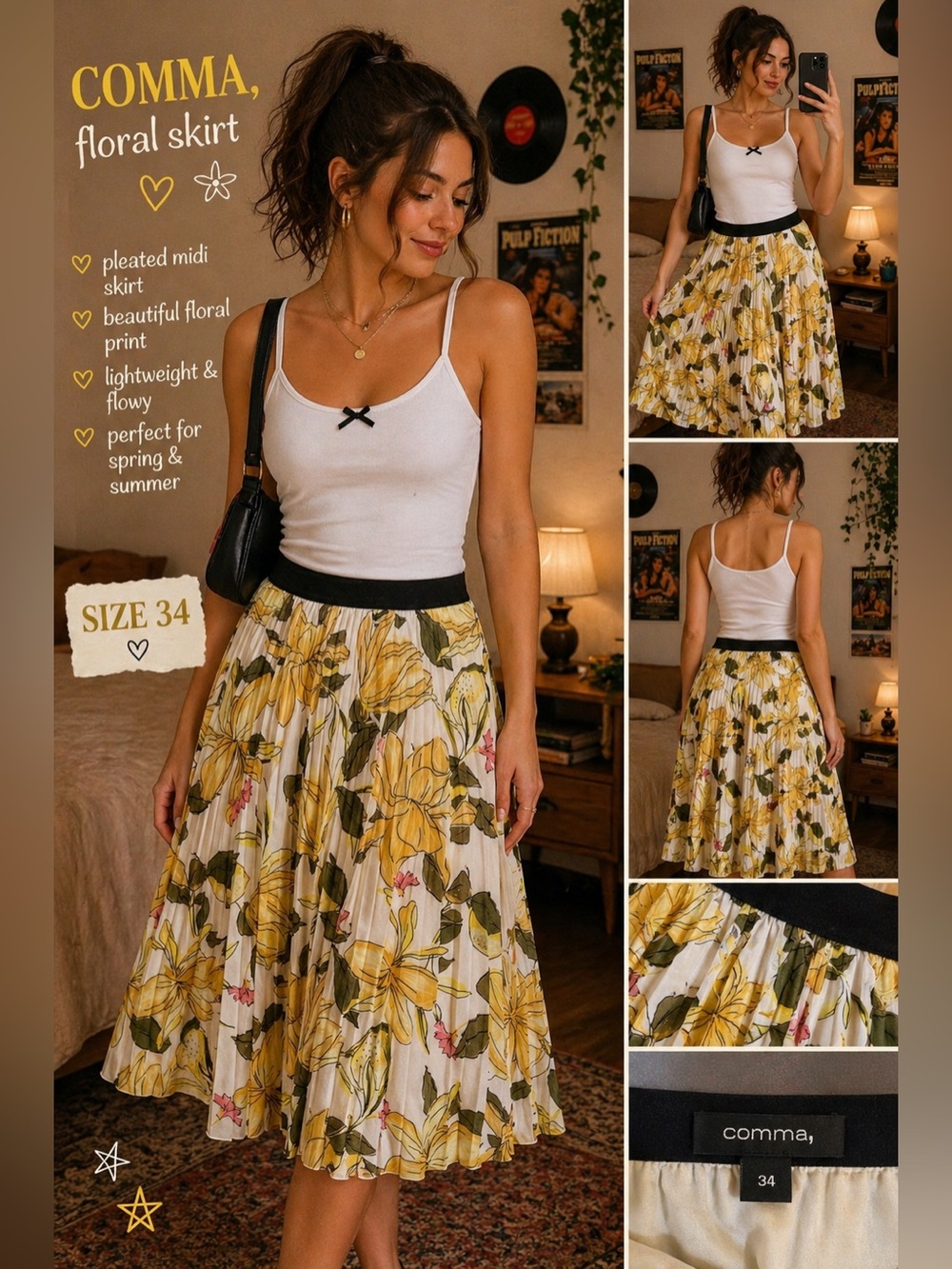 Yellow Floral Pleated Midi Skirt with Black Waistband
